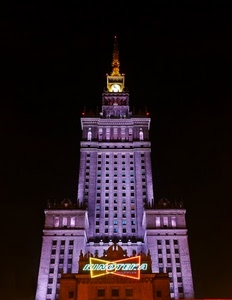 grattacielo, finestre, insegna, notturno, notte, torre, viola, orologio, palazzo, grattacieli