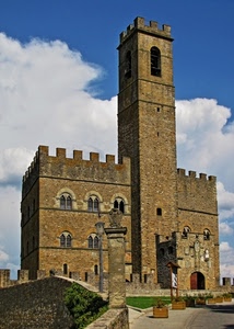 castello, torre, merli, nuvole, vasi, cielo, colonna, finestre