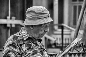 uomo, cappello, bianconero, libro, leggere, camicia, lettura, naso, anziano, lettore, profilo, bocca, sfocato