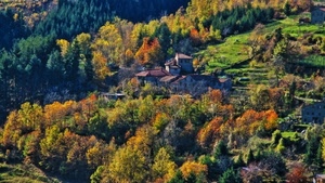 autunno, alberi, montagna, borgo, verde, giallo, case, panorama, rosso, colori