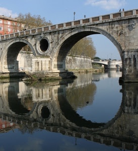 fiume, ponte, riflesso, acqua, archi, cerchio, lampioni, alberi, cielo, ponti, riflessi, nuvole, arcate, case