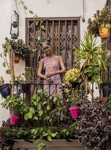 balcone, manichino, vasi, piante, lanterna