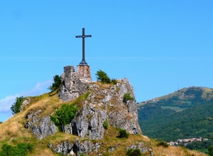 croce, roccia, montagna, cielo, verde, cima, panorama, montagne, azzurro, rocce, cespugli, piante, alberi, bosco