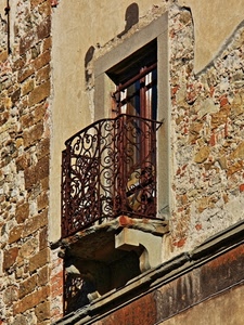 balcone, ringhiera, finestra, ferro, mattoni, muro, ruggine
