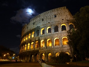 colosseo, luna, notte, roma, archi, luci, nuvole, notturno