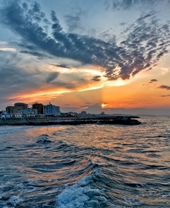 mare, tramonto, nuvole, onde, panorama, sole, acqua, cielo, città, onda