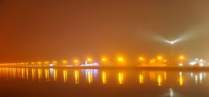 luci, nebbia, riflessi, acqua, porto, faro, notte, giallo, arancio, riflesso