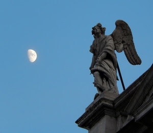 luna, angelo, statua, ali, cielo