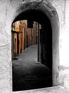 vicolo, porte, arco, case, strada, paese, balcone, volta, bicicletta