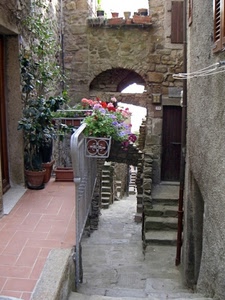 fiori, vicolo, arco, ringhiera, scale, balcone, scorcio, vasi