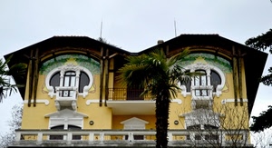 palma, liberty, balconi, balcone, finestre, casa, tetto, giallo, albero, cielo