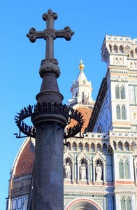 croce, cupola, chiesa, statue, colonna, duomo, cielo, finestre, firenze, campanile