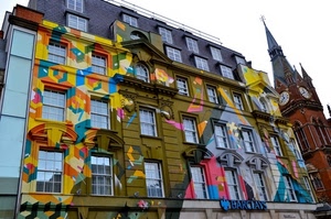 campanile, palazzo, finestre, colori, orologi, orologio, murales, insegna, giallo, vetro