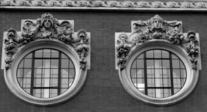 finestre, due, vetri, bianconero, liberty, tondo, decorazioni, cerchi