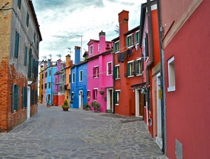 colori, case, finestre, comignoli, strada, vicolo, blu, rosso, cielo, palazzi, vasi