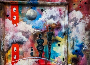 rosso, colori, blu, legno, dipinto, porta, murales, bianco, nuvole, multicolore, occhi, donna, uomo, nero, muro