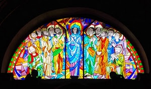 vetrata, multicolore, vetro, apostoli, madonna, arco, colori, finestra