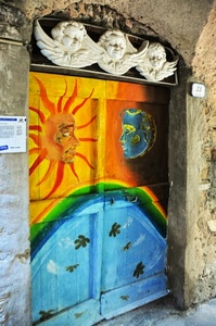 porta, angeli, sole, colori, tre, giallo, luna, dipinto