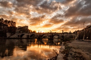 ponte, fiume, nuvole, tramonto, archi, riflessi, acqua, roma, cielo