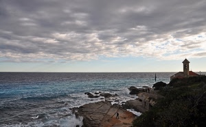 mare, nuvole, chiesa, scogli, campanile, cielo, scogliera, acqua, panorama