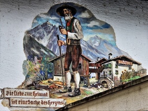 murales, montagne, case, murale, bastone, scritta, muro, montagna, uomo, cappello, dipinto