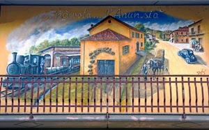 murales, treno, ringhiera, auto, murale, disegno, stazione, case