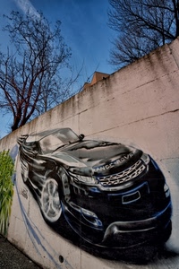 alberi, murales, muro, auto, automobile, murale, nero, macchina, cielo