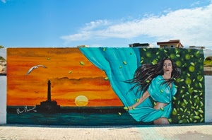 faro, donna, murales, tramonto, sole, gabbiano, vestito, dipinto