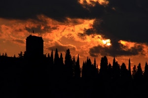 alberi, nuvole, tramonto, torre, controluce, silhouette, cielo, sole, arancione