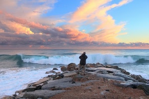 mare, nuvole, onde, acqua, uomo, fotografo, cielo, scogli, rocce, alba, onda