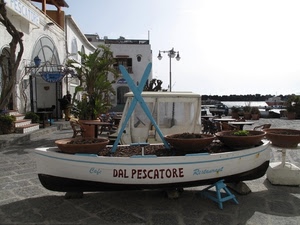 barca, ristorante, pianta, insegna, remi, lampione, vasi, bianco, pescatore, pubblicità, azzurro, piante