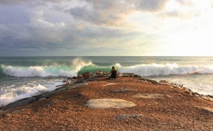 mare, onde, nuvole, acqua, spiaggia, orizzonte, cielo, scogli, persona