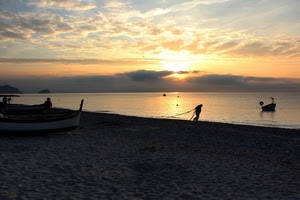 mare, tramonto, spiaggia, barche, pescatore, barca, alba, controluce, nuvole, sabbia