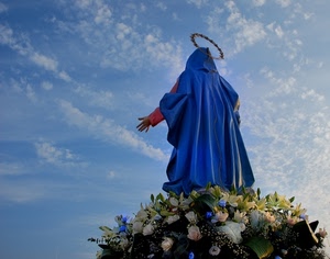 fiori, madonna, cielo, azzurro, nuvole, statua, aureola, mantello, corona, blu, bianco, mano, verde
