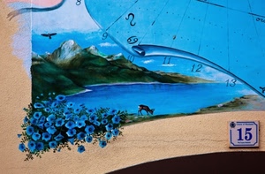 fiori, meridiana, murales, lago, numeri, numero, blu, dipinto, montagna, azzurro