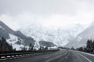 neve, strada, montagne, inverno, alberi, montagna, nuvole, bianco, guardrail