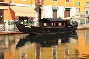 barca, riflesso, acqua, canale, fiume, legno, ringhiera, riflessi, palazzi