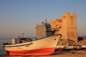 torre, mare, barche, barca, spiaggia, rudere, bianco, acqua, rosso