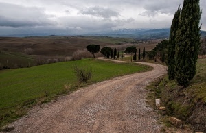 strada, alberi, nuvole, campagna, verde, panorama, cipressi, sentiero, colline, paesaggio