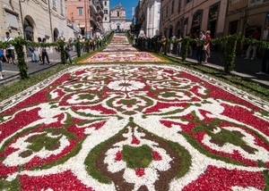 fiori, chiesa, infiorata, strada, persone, tappeto, petali, colori, rosso, verde, bianco, via, decorazioni, prospettiva, palazzi, porte, festa, case, passanti