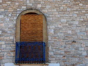 balcone, arco, blu, muro, ringhiera, finestra, tenda, mattoni, porta, pietre, azzurro