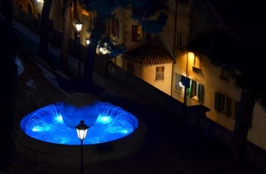 lampione, blu, fontana, notte, luci, case, acqua, azzurro, sfera