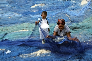 reti, bambino, blu, donna, rete, pescare, mare, pesca, pescatori, celeste, due