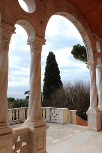 colonne, alberi, archi, balaustra, marmo, cielo, terrazza, cipresso