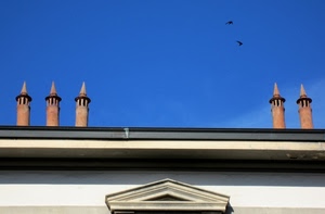 comignoli, cielo, cinque, tetto, cornicione, uccelli, grondaia, timpano, triangolo
