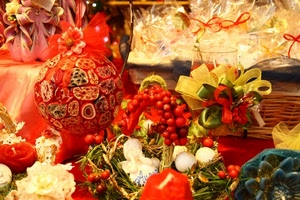 rosso, natale, fiocchi, decorazioni, colori, nastri, giallo, dolci, palla, nastro, palle, cesto