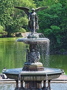 fontana, acqua, angelo, statua, alberi, ali, verde, parco, lago, giardino