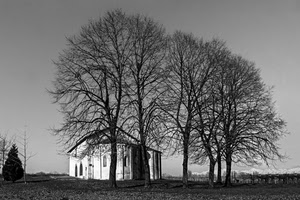 alberi, chiesa, bianconero, rami, cielo, casa, grigio, prato, paesaggio, spogli