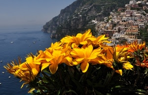 fiori, mare, giallo, panorama, case, borgo