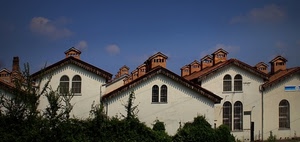 finestre, comignoli, case, cielo, tetti, abbaini, archi, alberi, bianco